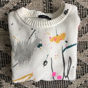Zara White Distressed Paint Splatter Sweater
